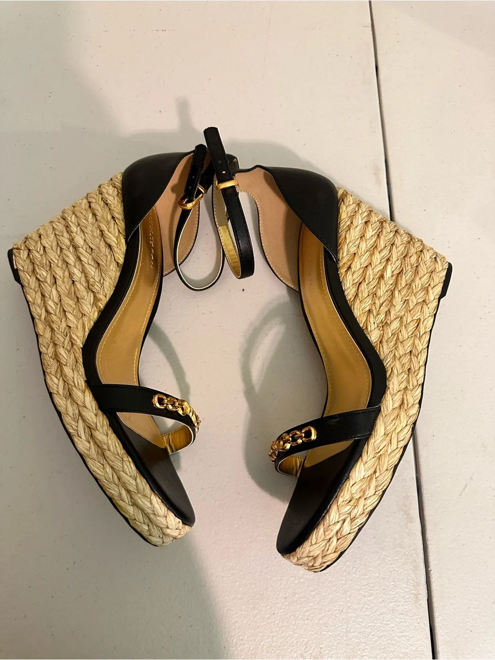 Donna Karan Black Wedge Sandals with Gold Accents